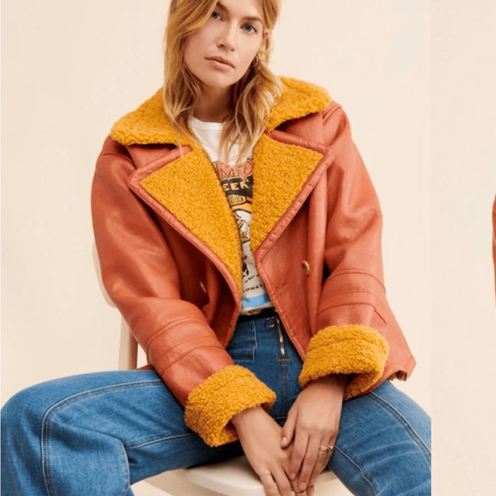 NEW Free People Kaja Vegan Bonded Leather Shearling Fur Peacoat $148 MSRP Medium - Picture 2 of 9